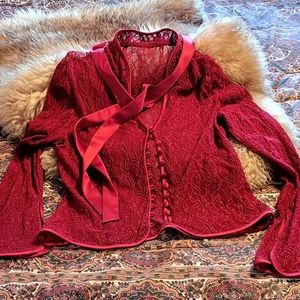 Beautiful Red, Beaded Ladies Long Sleeved Evening or Holiday Shirt with Camisole